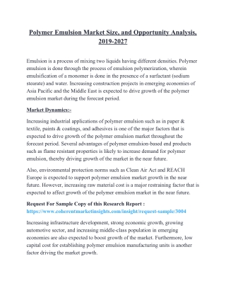 Polymer Emulsion Market Size, and Opportunity Analysis, 2019-2027