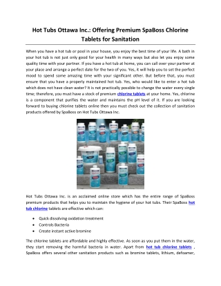 Hot Tubs Ottawa Inc.: Offering Premium SpaBoss Chlorine Tablets for Sanitation