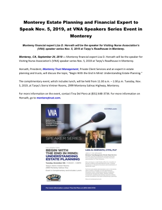 Monterey Estate Planning and Financial Expert to Speak Nov. 5, 2019, at VNA Speakers Series Event in Monterey