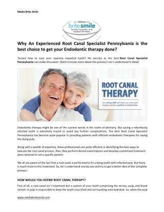 Why An Experienced Root Canal Specialist Pennsylvania is the best choice to get your Endodontic therapy done?