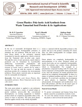 Green Plastics Poly lactic Acid Synthesis from Waste Tamarind Seed Powder and its Applications