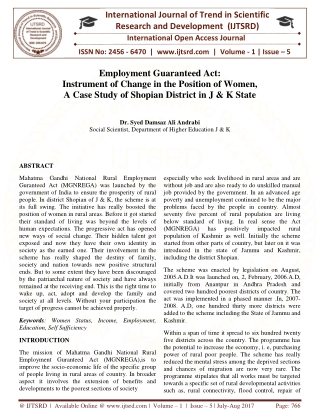Employment Guaranteed Act Instrument of Change in the Position of Women, A Case Study of Shopian District in J and K Sta