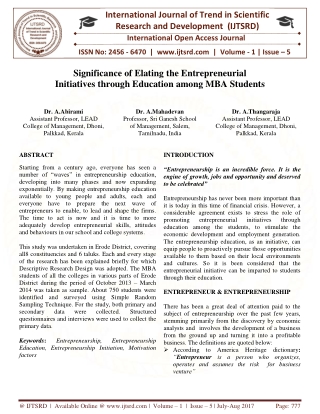 Significance of Elating the Entrepreneurial Initiatives through Education among MBA Students