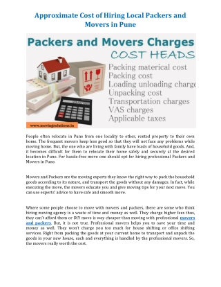 Approximate Cost of Hiring Local Packers and Movers in Pune