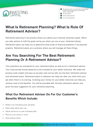 What Is Retirement Planning? What Is Role Of Retirement Advisor?