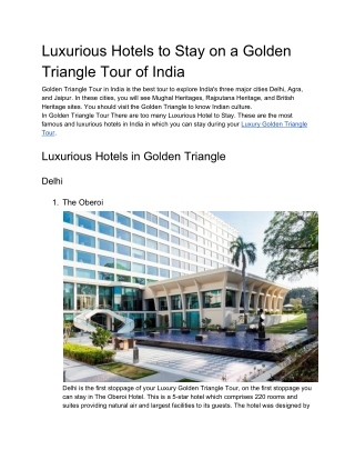 Luxurious Hotels to Stay on a Golden Triangle Tour of India