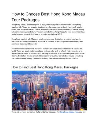 How to Choose Best Hong Kong Macau Tour Packages