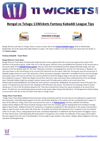 Bengal vs Telugu 11Wickets Fantasy Kabaddi League Tips