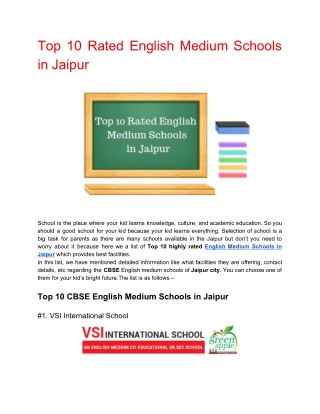 Top Ten Rated English Medium Schools in Jaipur