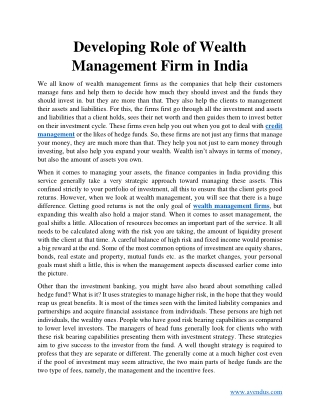 Developing Role of Wealth Management Firm in India