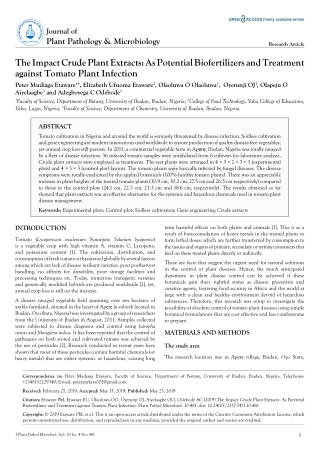 The Impact Crude Plant Extracts: As Potential Biofertilizers and Treatment against Tomato Plant Infection