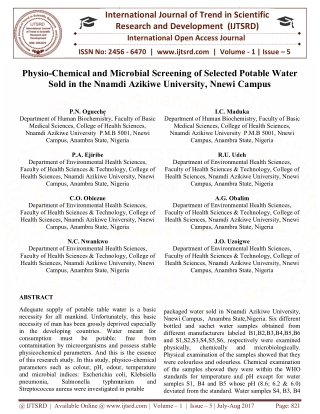 Physio Chemical and Microbial Screening of Selected Potable Water Sold in the Nnamdi Azikiwe University, Nnewi Campus