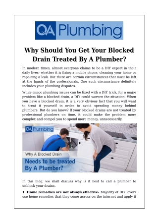 Why Should You Get Your Blocked Drain Treated By A Plumber?