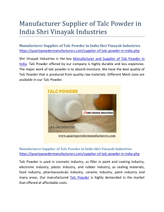 Manufacturer Supplier of Talc Powder in India Shri Vinayak Industries
