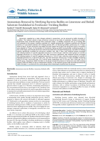 Ammonium Removal by Nitrifying Bacteria Biofilm on Limestone and Bioball Substrate Established in Freshwater Trickling B