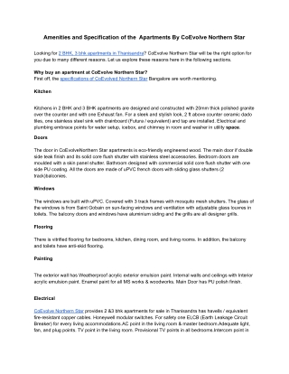 Amenities and Specification of the Apartments By CoEvolve Northern Star