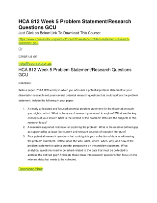 HCA 812 Week 5 Problem Statement/Research Questions GCU