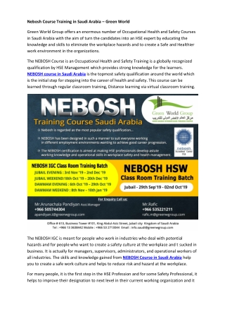 Nebosh Course Training in Saudi Arabia – Green World