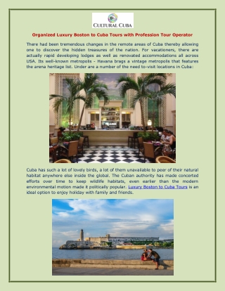 Organized Luxury Boston to Cuba Tours with Profession Tour Operator