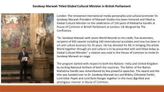 Sandeep Marwah Titled Global Cultural Minister in British Parliament