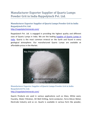 Manufacturer Exporter Supplier of Quartz Lumps Powder Grit in India Raypolytech Pvt. Ltd.