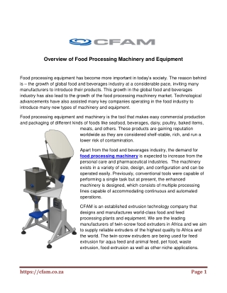 Overview of Food Processing Machinery and Equipment