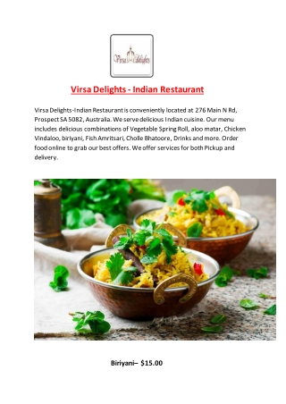 15% Off - Virsa Delights-Indian Restaurant-Prospect - Order Food Online