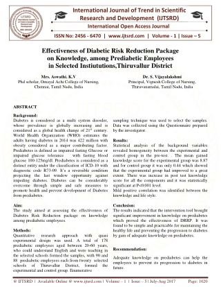 Effectiveness of Diabetic Risk Reduction Package on Knowledge, among Prediabetic Employees in Selected Instiututions, Th