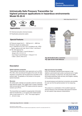 Intrinsically Safe Pressure Transmitter for highest pressure applications in hazardous environments Model IS-20-H