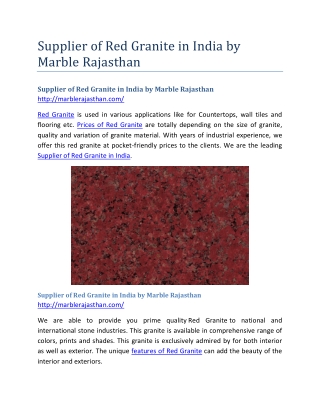 Supplier of Red Granite in India by Marble Rajasthan