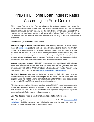 PNB HFL Home Loan Interest Rates According To Your Desire