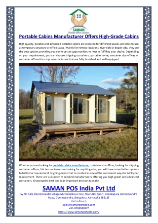 Portable Cabins Manufacturer Offers High-Grade Cabins