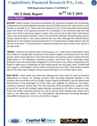 01 October 2019 Mcx Daily Report