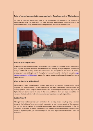 Role of cargo transportation companies in Development of Afghanistan