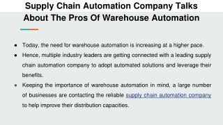 Supply Chain Automation Company Talks About The Pros Of Warehouse Automation