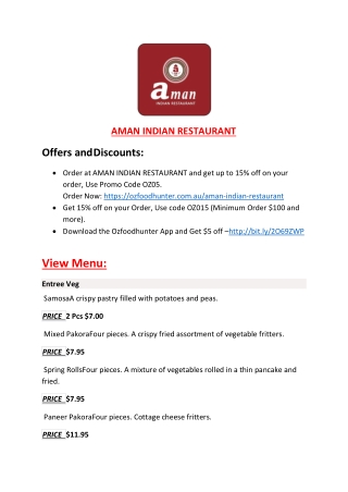 25% Off -AMAN INDIAN RESTAURANT-Sunshine - Order Food Online