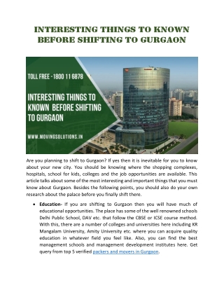 Interesting Things to Known before Shifting To Gurgaon