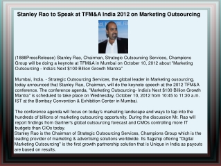 Stanley Rao to Speak at TFM&A India 2012 on Marketing Outsou