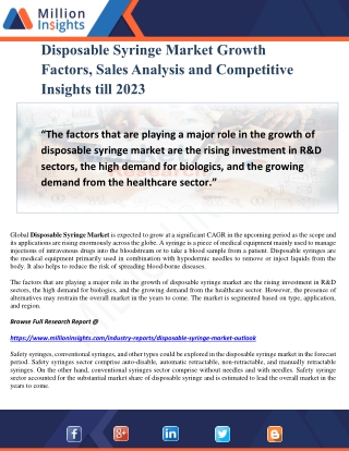 Disposable Syringe Market Growth Factors, Sales Analysis and Competitive Insights till 2023