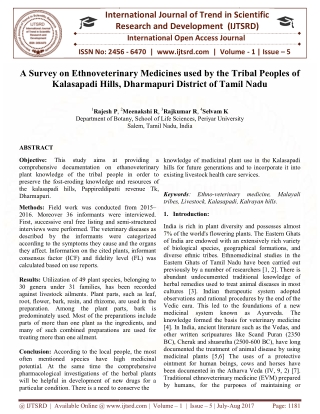 A Survey on Ethnoveterinary Medicines used by the Tribal Peoples of Kalasapadi Hills, Dharmapuri District of Tamil Nadu