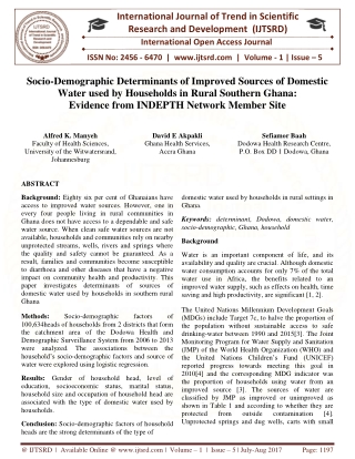 Socio Demographic Determinants of Improved Sources of Domestic Water used by Households in Rural Southern Ghana Evidence