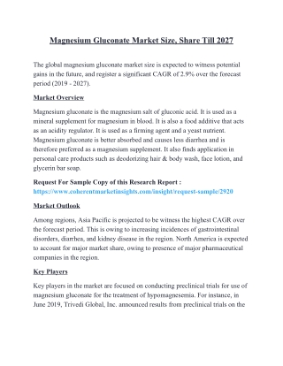 Magnesium Gluconate Market Size, Share Till 2027