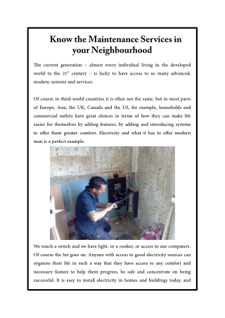 Know the Maintenance Services in your Neighbourhood