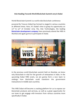 Osiz Heading Towards World Blockchain Summit 2019 in Dubai