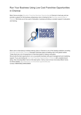 Run Your Business Using Low Cost Franchise Opportunities in Chennai