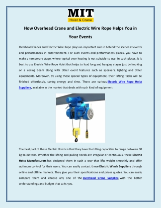 How Overhead Crane and Electric Wire Rope Helps You in Your Events