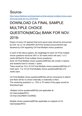 DOWNLOAD CA FINAL SAMPLE MULTIPLE CHOICE QUESTION(MCQs) BANK FOR NOV. 2019-