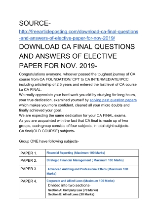 DOWNLOAD CA FINAL QUESTIONS AND ANSWERS OF ELECTIVE PAPER FOR NOV. 2019-