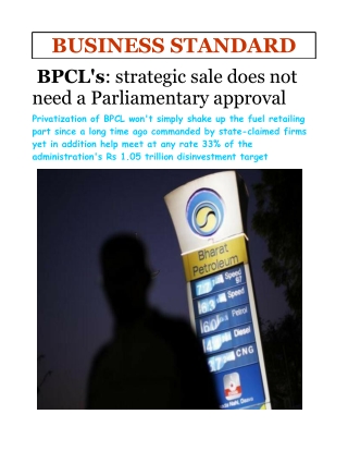 Bpcl's strategic sale does not need a parliamentary approval
