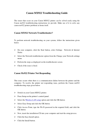 Canon MX922 Troubleshooting Guide